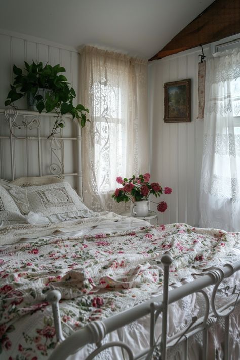 For a cozy and rustic look, farmhouse bedrooms use soft colors, vintage accents, and natural materials. Click for more inspiration. Rod Iron Bedroom Ideas, Aesthetic Vintage Bedroom Ideas, Vintage Feminine Bedroom, Bedroom With Tufted Headboard, Aesthetic Vintage Bedroom, White Iron Beds, Coastal Farmhouse Bedroom, Vintage Farmhouse Bedroom, Reclaimed Wood Bed Frame