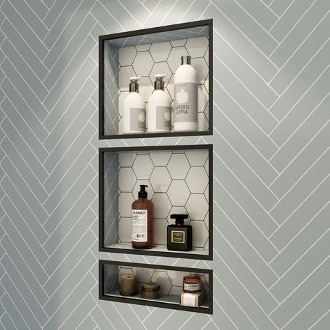 Recessed Shower Shelf, Niche Shelves, Tile Shower Niche, Bathroom Niche, Recessed Shelves, Wall Niche, Bad Inspiration, Hallway Bathroom, Shower Niche