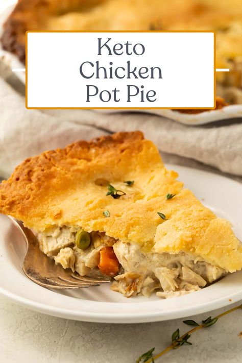 This keto chicken pot pie is a super low carb version of the comforting classic. A creamy, savory filling topped with a delicious keto pie crust, all baked together for a filling, homey dish you'll love. Only 6g net carbs per serving. Keto Chicken Pot Pie, Crockpot Chicken Pot Pie, Creamy Chicken Pot Pie, Chicken Pot Pie Filling, Chicken Pot Pie Recipe, Pot Pie Filling, Pot Pie Recipe, Pot Pies Recipes, Chicken Pot Pie Recipes