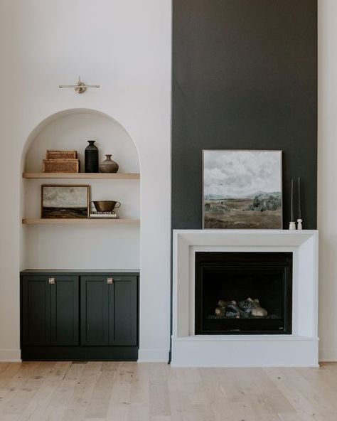 Plaster Fireplace Surround, Black Birch Homes, Moody Paint Colors, Updated Living Room, Plaster Fireplace, Moody Paint, Florida Living Room, Fireplace Frame, Black Fireplace