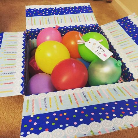 kids birthday care package with balloons filled with money and toys that say 'Pop Us' Kids Care Package, Packages Ideas, Birthday Care Package, Diy Care Package, Birthday Care Packages, Gifts Box, How To Wrap, Care Packages, Presents For Kids