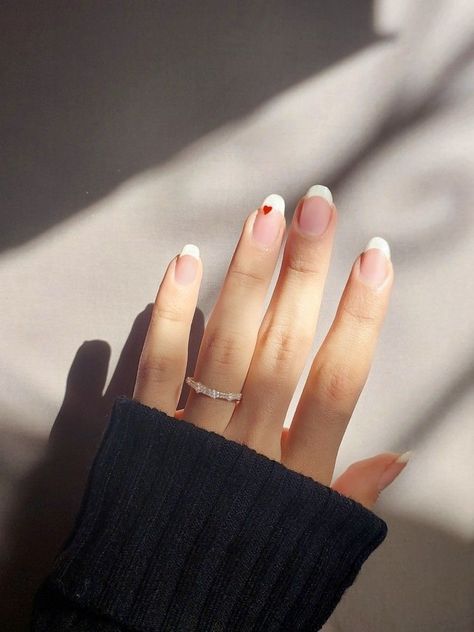 French Manicure Heart Nails, White Tip Red Heart Nails, Simple French Tip Nails With Heart, French Red Heart Nails, White French Tip Nails Almond With Heart, Heart On French Tip Nails, Red Heart Manicure, French Tips Nails With Heart, White French Manicure Almond Nails