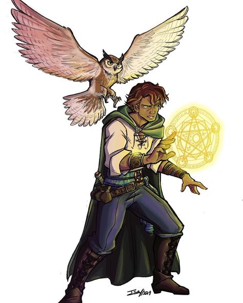 Isadora Morales Chaves on Instagram: “This is Chance Rainroar a sorcerer-warlock and Index, his Owl familiar!  Both were created and commissioned by @kevinjcasas . Thanks Kevin…” Owl Familiar Dnd, Owl Familiar, Sorcerer Warlock, Sorcerer Dnd, Npc Dnd, Owl Wizard, Dnd Sorcerer, Fantasy Heroes, Dungeons And Dragons Characters