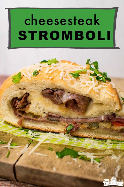 Philly Cheesesteak Stromboli is really similar to a steak and cheese calzone but it's even easier to make! It has layers of deli roast beef, peppers, onions, and sauce all rolled up in pizza dough! I used a loaf frozen Rhodes bread! It's everything you love about Philly Cheese Steak Sandwiches in a fun new way! #ad #Rhodes #phillycheesesteak #deliroastbeef #bakedsandwiches #littledairyontherprairie Steak And Cheese Sandwiches, Steak Stromboli, Leftover Ribeye, Philly Steak And Cheese, Cheesesteak Stromboli, Savory Sandwiches, Cheese Calzone, Stromboli Recipe Easy, Cheesesteak Sandwiches