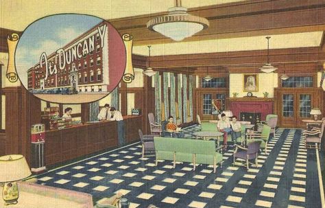 1940s lakefront hotel lobby - Google Search Vintage Hotel Reception, 1940s Hotel, Historic Hotel Lobby, Hotel 1928, Hotel 1928 Waco, Chicago Vintage, Big Shoulders, Stage Set, Hotel Lobby