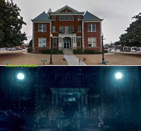 Stranger Things - The next few locations can be found in the center of Jackson, the town that was used for several scenes of downtown Hawkins. The spooky Library of Hawkins upside down version is the Butts County Probate Court in the real world. (Filmed in Georgia) Upside Down World Stranger Things, Stranger Things The Upside Down, The Upside Down, Upside Down Film, Hawkins Aesthetic, Stranger Things Filming Locations, Spooky Library, The Upside Down Stranger Things, Stranger Things Setting