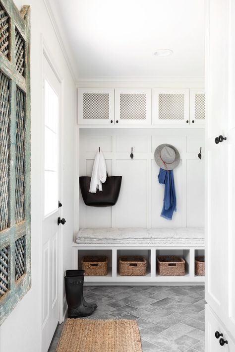 Entryway Built Ins, Functional Entryway Ideas, Diy Entryway Ideas, Entryway Ideas Apartment, Tiny Mudroom, Entryway Foyer Ideas, Entryway Ideas With Stairs, Farmhouse Bathroom Remodel Ideas, Apartment Entryway Ideas