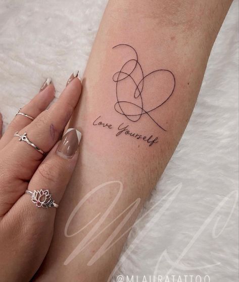 Love Yourself Heart Tattoo, Bts Flower Tattoo, Bts Heart Tattoo, Small Bts Inspired Tattoos, Bts Tatoos Idea, Bts Related Tattoos, Bts Tattoo Minimalist, Bts Love Yourself Tattoo, Bangtan Tattoo Ideas