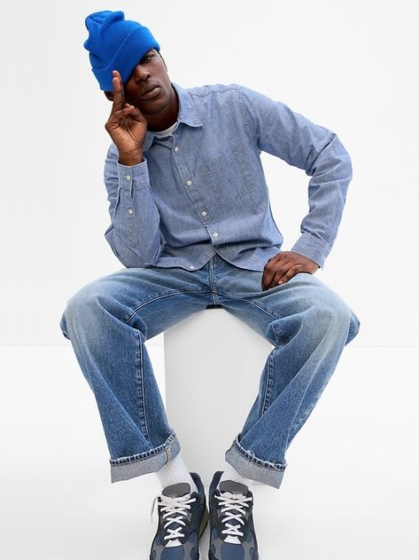 Smooth chambray weave. Long sleeves with button cuffs. Spread collar, button front. Patch pocket at chest. Curved shirttail hem. #489218 Blue Outfit Men, Denim Outfit Men, Fashion Outfits Men, Men Photoshoot, Clothing Photography, Chambray Shirt, Denim Outfit, Mens Street Style, Mens Denim