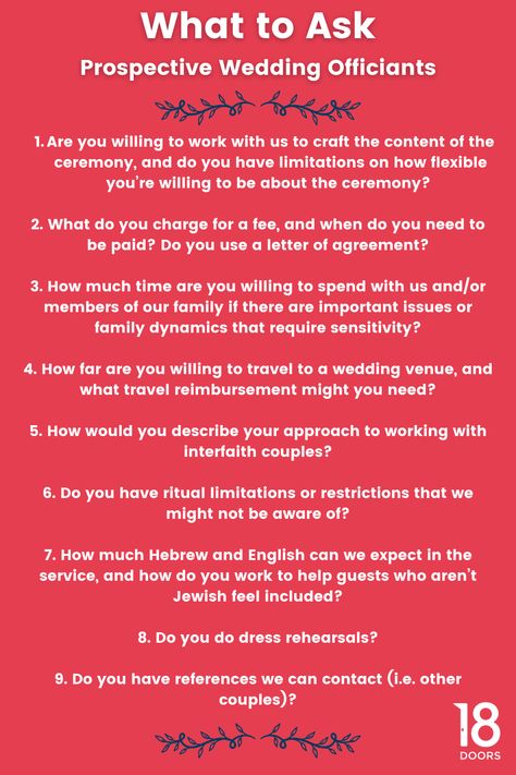 Your first conversation with a prospective officiant is your “interview,” and it’s your main opportunity to discern whether or not the officiant is a good fit. These questions are written with Jewish clergy in mind. If you wish to have a friend officiate or work with an officiant who is not Jewish, we have a special tool you can use to customize a script for your officiant to read from about Jewish ceremony rituals. Jewish Wedding Traditions, Unity Ceremony, Family Dynamics, A Script, Wedding Officiant, Jewish Wedding, Wedding Guide, Questions To Ask, Do You Need