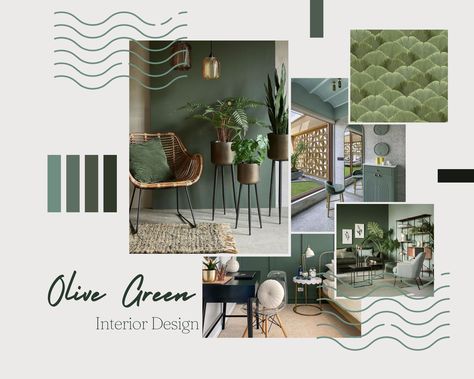 Olive green is a versatile color that can be used in many ways in interior design. Whether you use it as a wall color, furniture, or accent, it can add a touch of sophistication and warmth to your space. 𝗩𝗶𝘀𝗶𝘁 - ��𝗵𝘁𝘁𝗽𝘀://𝗼𝗿𝗮𝗮𝗻𝗷-𝗶𝗻𝘁𝗲𝗿𝗶𝗼𝗿𝘀.𝗰𝗼.𝘂𝗸/ Olive Green Mood Board Color Palettes, Biophilic Design Color Palette, Moodboard Olive Green, Black White Wood Green Mood Board, Mood Board Green Colour Palettes, Pragmatic Utopia, Architect Project, Moodboard Design, Color Furniture