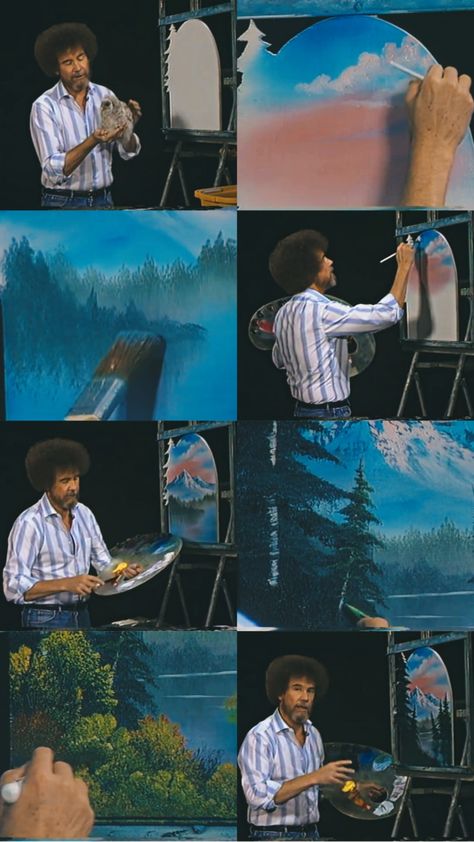 Bob Ross Wallpaper Aesthetic, Bob Ross Aesthetic, Bob Ross Wallpaper, Bob Ross Art, Tiktok Wallpaper, Wallpaper Vibes, Happy Accidents, Museum Exhibition Design, Bob Ross Paintings