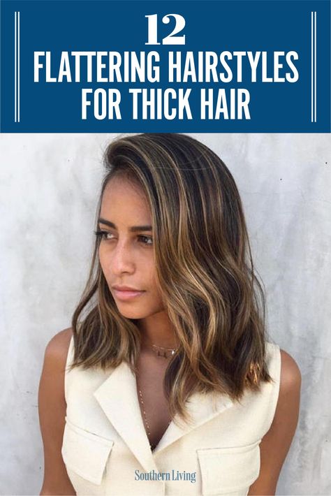 Ready to flaunt those thick locks? Here are 12 of the best medium hairstyles for thick hair. #mediumhair #lob #hairstyles #southernliving Medium Long Length Haircut For Thick Hair, Midlength Haircuts Thick Hair, Long Bob Thick Hair Wavy, Thick Medium Hair Cuts For Women, Thick Hair Shoulder Length Haircut, Thick Medium Length Haircut, Medium Length Haircut For Thick Hair Side Part, Mom Haircut Low Maintenance Thick Hair, Shoulder Length Haircut Thick Hair