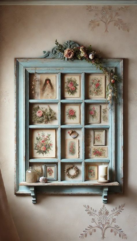 Upcycled Window Frames, Old Window Wall Decor, Window Craft Ideas, Vintage Window Frame Ideas, Antique Window Decor, Old Window Frame Ideas, Window Diy Decor, Frame Decorating Ideas, Vintage Windows Repurposed