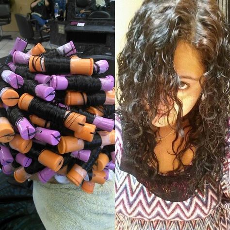 Spirals perm alternating orange and purple rod result on the right Perms Before And After, Perm Rod Sizes, Perming Hair, Perm Curls, Wavy Perm, Long Hair Perm, Spiral Perm, Short Permed Hair, Getting A Perm