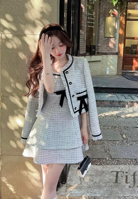 Tweet Outfit Korean, Korean Party Outfit, Tweed Fashion, Smart Casual Women Outfits, Elegant Mini Dress, Everyday Fashion Outfits, Kawaii Fashion Outfits, Korean Fashion Dress, Causual Outfits