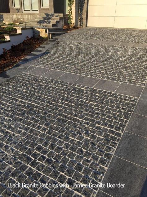 Black Granite Cobblestone Driveway with Flamed Black Granite Paved Boarders Granite Cobblestone Driveway, Black Cobblestone Driveway, Spanish Driveway, Black Cobblestone, Sunroom Exterior, Driveway Tiles, Granite Cobblestone, Cobbled Driveway, Grass Driveway