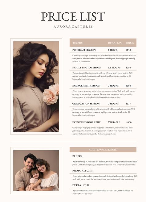 An easy-to-edit price list template for Google Docs. Photography Price List Template, Photography Price List, Beginner Photography, Price List Template, Photography Journey, Photography Pricing, Photography For Beginners, Family Photo Sessions, List Template