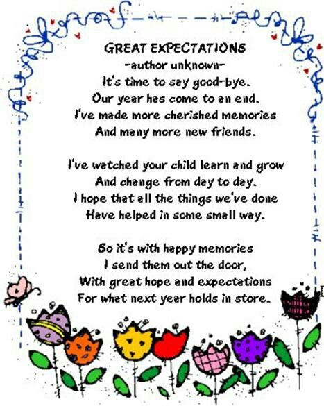 Great Expectations poem Kindergarten Graduation Speech, Preschool Graduation Speech, Preschool Graduation Poems, Kindergarten Graduation Poems, Kindergarten Quotes, Quotes About Moving On From Friends, Graduation Poems, Preschool Poems, Teacher Graduation