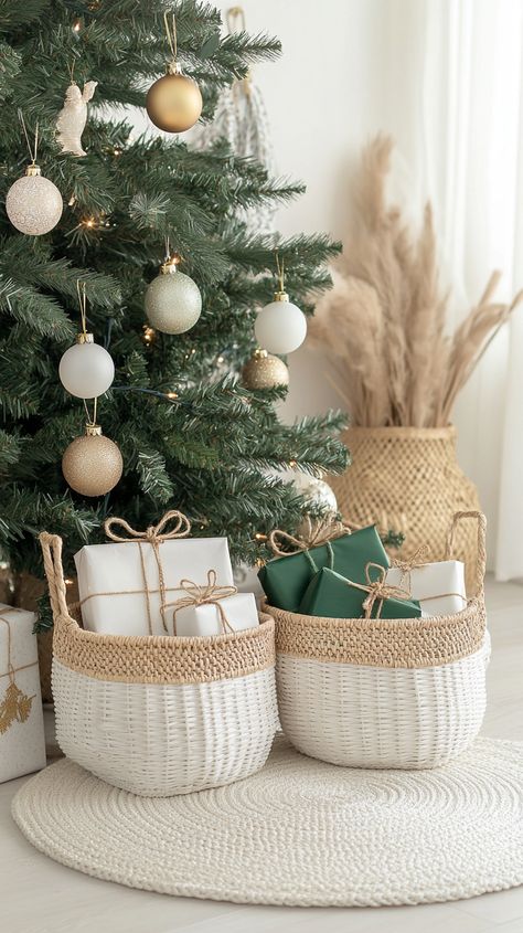 Two rattan baskets under a Christmas tree, filled with gift boxes, gold ornaments, and a cream carpet in a minimalist Pampas Christmas Decor, Neutral Christmas Decor Ideas, Holiday Living Room Decor, Luxury Christmas Decor, Holiday Living Room, Rattan Baskets, Cream Carpet, Frosted Christmas Tree, Elegant Living Room Decor