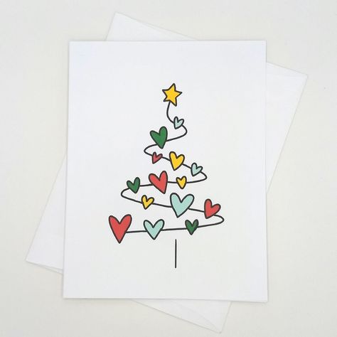 Colorful Christmas Tree With Hearts note card set, great for handwritten notes during the winter holidays.  - Set of 8 matching white cards and envelopes, blank inside. - A2 size, 4.25" x 5.5" folded  - Printed on white medium weight smooth finish card stock. - Packaged in a resealable clear plastic envelope. - Please note that colors may be slightly different than how they appear on your monitor. - From a pet-free, smoke-free home. - My shop name appears in small print on the back of the cards. Winter Cards Handmade Simple, Winter Wonderland Cards, Simple Holiday Cards Diy, Cute Secret Santa Notes, Simple Christmas Card Design, Happy Holidays Card Diy, Cute Homemade Christmas Cards, Christmas Thank You Cards, Simple Christmas Cards Handmade