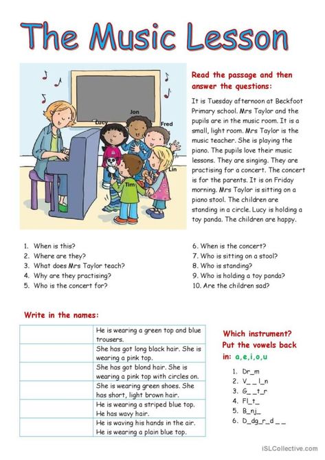 Read The Passage, English Music, Reading Comprehension For Kids, Esl Teaching Resources, English For Beginners, English Conversation, Music Worksheets, Grammar Practice, Music Lesson