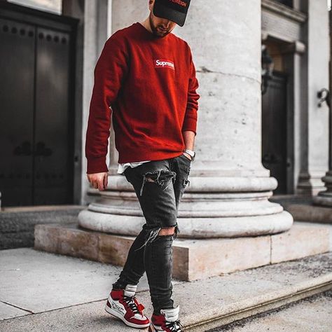 Best street outfit b Air Jordans Outfit, Jordans Outfit For Men, Outfit Street Style, Japan Streetwear, Jeans Outfit Men, Jordan Outfit, Red Sweatshirt, Street Fashion Men Streetwear, Street Style Outfits Men