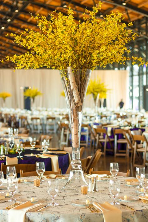 Blue And Gold Wedding Theme, 50th Birthday Party Centerpieces, Yellow Wedding Centerpieces, Glass Trumpet Vase, Yellow Centerpieces, Hall Ideas, Green Centerpieces, White Lanterns, Gold Wedding Theme