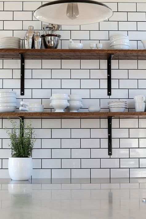 Subway Tile Backsplash - Gem Cabinets Subway Tile With Black Grout, Tile With Black Grout, Countertop Concrete, Industrial Decor Kitchen, Black Grout, Industrial Kitchen Design, Kitchen Design With Island, Classic Kitchen, White Subway Tile