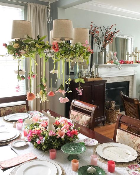 Getting my table ready for Easter. I love to decorate the chandelier for spring, and I am loving the hanging flowers this year. 🌸🌺🌷🌼🌸 Hanging Easter Decorations, Easter Chandelier Decor, How To Decorate A Chandelier, Bunny Breakfast, Decorate Chandelier, Spring Garland, Chandelier Ideas, Easter Nests, Easter 2024