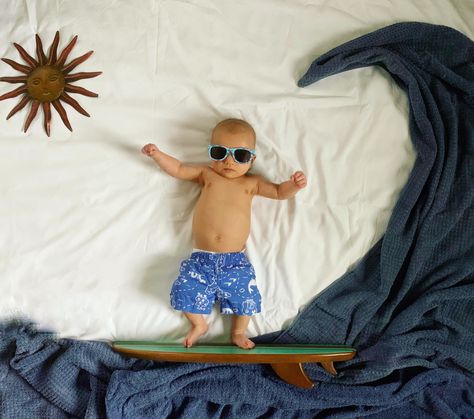 Newborn Surf Photography, Baby Monthsary Photo Ideas Boy, Baby Boy Summer Photoshoot, Surf Baby Nursery, Baby Boy Beach Photoshoot, Boy Monthly Baby Pictures, Summer Milestone Picture Ideas, Baby Monthsary Photo Ideas, Beach Theme Baby Photoshoot