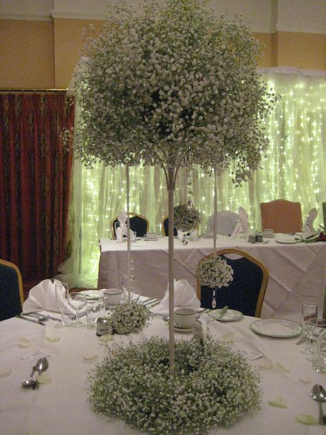 Baby's breath centre piece with hanging crystals www.buttercupflowers.co.uk Gypsophelia Centre Piece, White Gypsophila, Gypsophila Wedding, Chair Decor, Cloud Lights, Arrangement Ideas, Baby S Breath, Hanging Crystals, Event Flowers