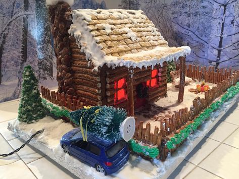 Pretzel Log Cabin, Pretzel Gingerbread House, Log Cabin Gingerbread House, Gingerbread Log Cabin, Cabin Gingerbread House, Graham Cracker Gingerbread, Cabin Pictures, Graham Cracker Gingerbread House, Homemade Gingerbread House