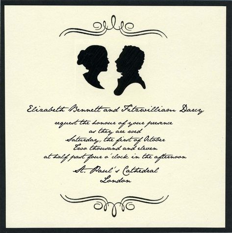 elizabeth and darcy wedding invitation Jane Austen Party, Elizabeth And Darcy, Jane Austen Dress, Jane Austen Wedding, Handmade Wedding Invitations, Invitation Wording, Wedding Invitation Wording, Wedding Invitation Sets, Pride And Prejudice