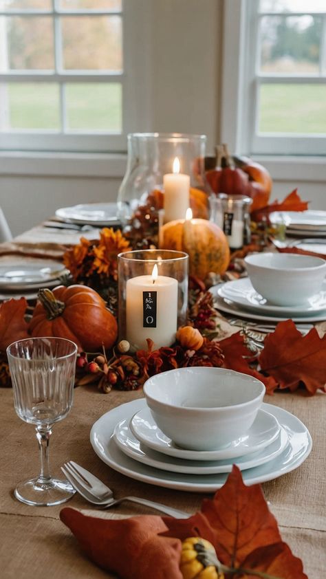 Create a picturesque fall setting with this inspiring blog post showcasing a mix of rustic and elegant autumn wedding table decor ideas From charming dollar tree finds to beautiful round table settings in the cozy autumn dining room discover casual and stunning fall table settings that will elevate any occasion Simple Thanksgiving Small Table Decor, Minimal Fall Table Centerpieces, Small Table Fall Centerpiece, Fall Banquet Table Decorations Simple, Fall Table Settings Glass Vase, Fall Dinner Table Decor, Simple Fall Table Decor, Round Table Settings, Fall Wedding Table Decor