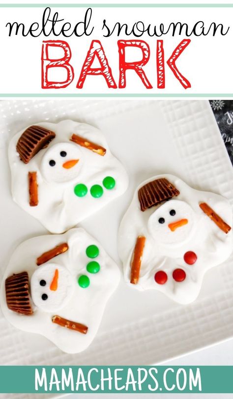 Look no further than this adorable melted snowman bark recipe for a sweet treat this winter! Perfect for winter or holiday or winter themed desserts, this snack is always a crowd-pleaser. We used white candy melts for the melted snowman body and then added different food items for the accessories! This no-bake holiday treat is a great dessert choice during the winter months! #diy #christmas #snowman #mamacheaps #recipe #meltedsnowman Snowman Bark, Winter Themed Desserts, Snowman Recipes, Diy Christmas Snowman, Melted Snowman Cookies, Snowman Treats, Christmas Bark, Melted Snowman, Snowman Cookies