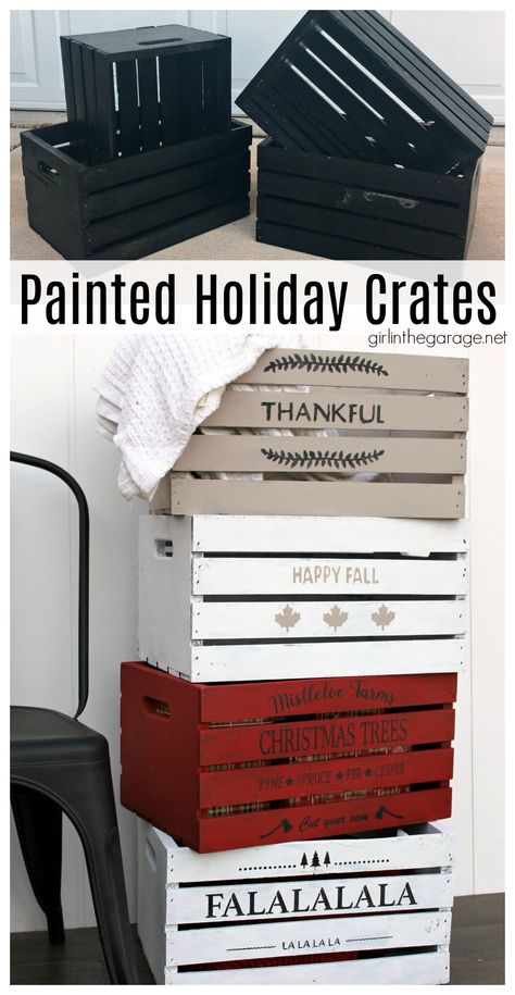 How to paint holiday crates - Learn how to stencil wooden crates for both fall and Christmas decor. Step by step tutorial by Girl in the Garage. Uses For Wooden Crates, How To Paint Wooden Crates, Fall And Christmas Decor, Wooden Crates Projects, Wooden Crates Christmas, Christmas Eve Crate, Crate Crafts, Crate Decor, Wooden Crate Boxes