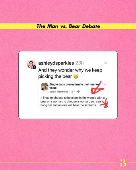 More men need to understand this debate to understand women’s fear better. #bebadass [man vs. Bear, everyday sexism, women’s safety, what women need, dear men] Bear Or Man, Man Vs Bear, Man Or Bear, Decentering Men, What Women Need, Real Thoughts, Feminist Af, Losing Faith In Humanity, Hate Men