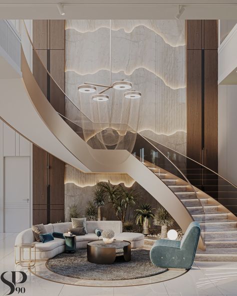 Double Height Staircase Design, Double Height Living Room With Staircase, Double Height Stairs, Stair Case Wall Designs, Double Height Staircase Wall Design, Stairs Wall Design Modern, Double Height Staircase, Stair Case Wall Design, Steel Staircase Design