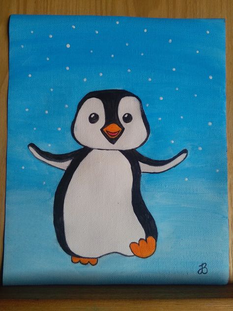 Simple Winter Canvas Painting Ideas, Simple Penguin Painting, Penguin Painting Acrylic Easy, Penguin Window Painting, Penguin Painting Easy, Penguin Painting Acrylic, Cute Animal Paintings Easy, Penguin Canvas Painting, Easy Animal Paintings