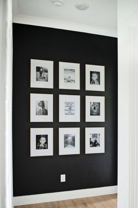 Beautiful Black Accent Wall Ideas Landing Wall Ideas, Hallway Accent Wall, Black Accent Wall Ideas, Black Accent Wall Living Room, Hallway Accent, Broadmoor House, Black Accent Wall, Picture Wall Living Room, Painted Brick Fireplace