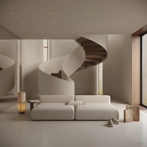 HOUSE IN WHITE :: Behance Warm Minimalist Home, Spiral Stair, Minimalist Dining Room, Minimalist Apartment, Stair Case, Minimalist Home Interior, Minimalist Furniture, Spiral Staircase, Luxury Lighting