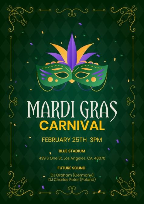 Ornamental Gradient Mask Mardi Gras Carnival Invitation Carnival Invitation Template, Carnival Invitations, Mardi Gras Carnival, Mardi Gras Party, Brand Kit, Free Graphic Design, Mardi Gras, Carnival, Invitation Template