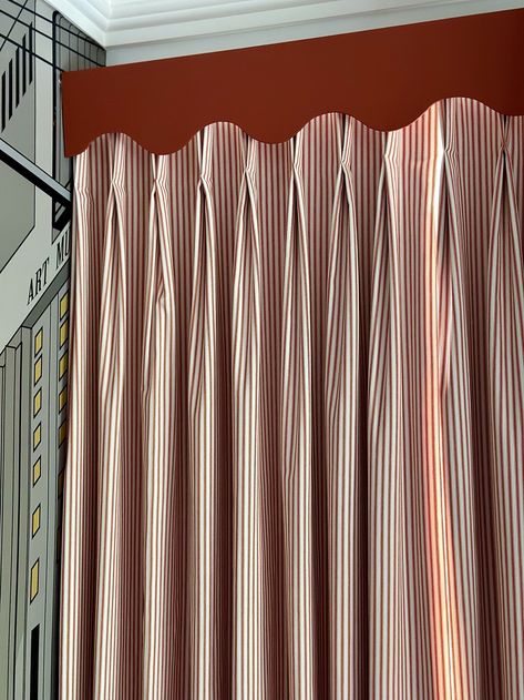 red ticking stripe curtains ian mankin Ian Mankin Curtains, Red Stripe Curtains, Curtain With Trim, Curved Window Treatments, Bedroom Decor Diy Ideas, Stripes Curtains, Curtains With Pelmet, Ticking Curtains, Pelmet Ideas