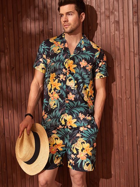 Multicolor Vacation  Short Sleeve Polyester Tropical  Embellished Non-Stretch Summer Men Co-ords Couples Hawaiian Outfits, Men's Beach Outfits, Mens Beach Outfits, Hawai Party, Boat Attire, Men Vacation, Resort Outfits, Hawaiian Beach Party, Baddie Fashion