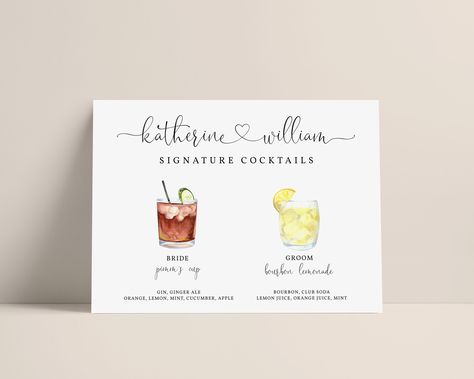 Bride And Groom Drink Sign, His And Hers Drinks Wedding, Wedding Drink Menu, Cocktail Sign, Elegant Template, Drinks Sign, Plat Simple, Cocktails Sign, Signature Drinks Sign