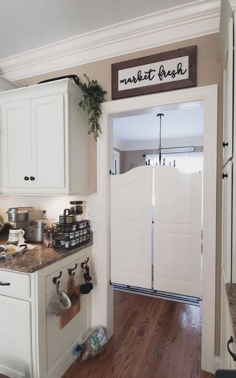 Saloon Doors Kitchen, Cafe Doors Swinging, Swinging Kitchen Door Ideas, Cafe Doors Ideas, Saloon Swinging Doors Ideas, Salon Doors Swinging, Modern Saloon Doors, Swinging Pantry Door, Swinging Doors Kitchen