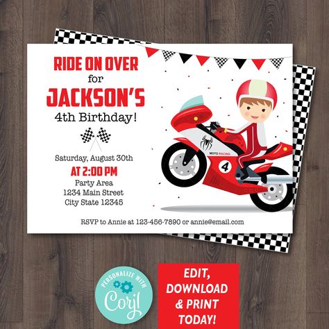 Motorcycle Birthday Invitations, Motorcycle Themed Birthday Party, Arcade Themed Birthday Party, Motorcycle Birthday Parties, Motorcycle Birthday, Diy Invitation, Race Party, Party Diy, Invitation Card Design