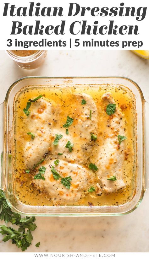 Baked Chicken with Italian dressing is one of the absolute easiest ways to get a home-cooked meal on the table. With 3 ingredients and less than 5 minutes of prep, you could practically make this in your sleep, but you'll never know it when you taste the tender chicken and zippy Italian flavors. So easy and flavorful, you'll LOVE this. Chicken With Italian Dressing, Chicken 3 Ingredients, Chicken Breast Italian Dressing, Zesty Italian Chicken, Italian Dressing Chicken, Italian Baked Chicken, Italian Dressing Recipes, Italian Chicken Recipes, Chicken Tenderloin Recipes