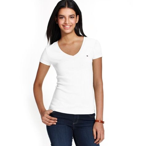 Tommy Hilfiger V-Neck T-Shirt, ($16) ❤ liked on Polyvore featuring tops, t-shirts, classic white, white v neck t shirt, v neck tee, white tops, cotton v neck t shirts and white cotton t shirts Tommy Hilfiger Women Outfit, Tommy Hilfiger Shorts, Top Shirt Women, Women Outfit, Tailored Shirts, Tommy Hilfiger Women, V Neck Tee, Cotton Tops, Shirt Online